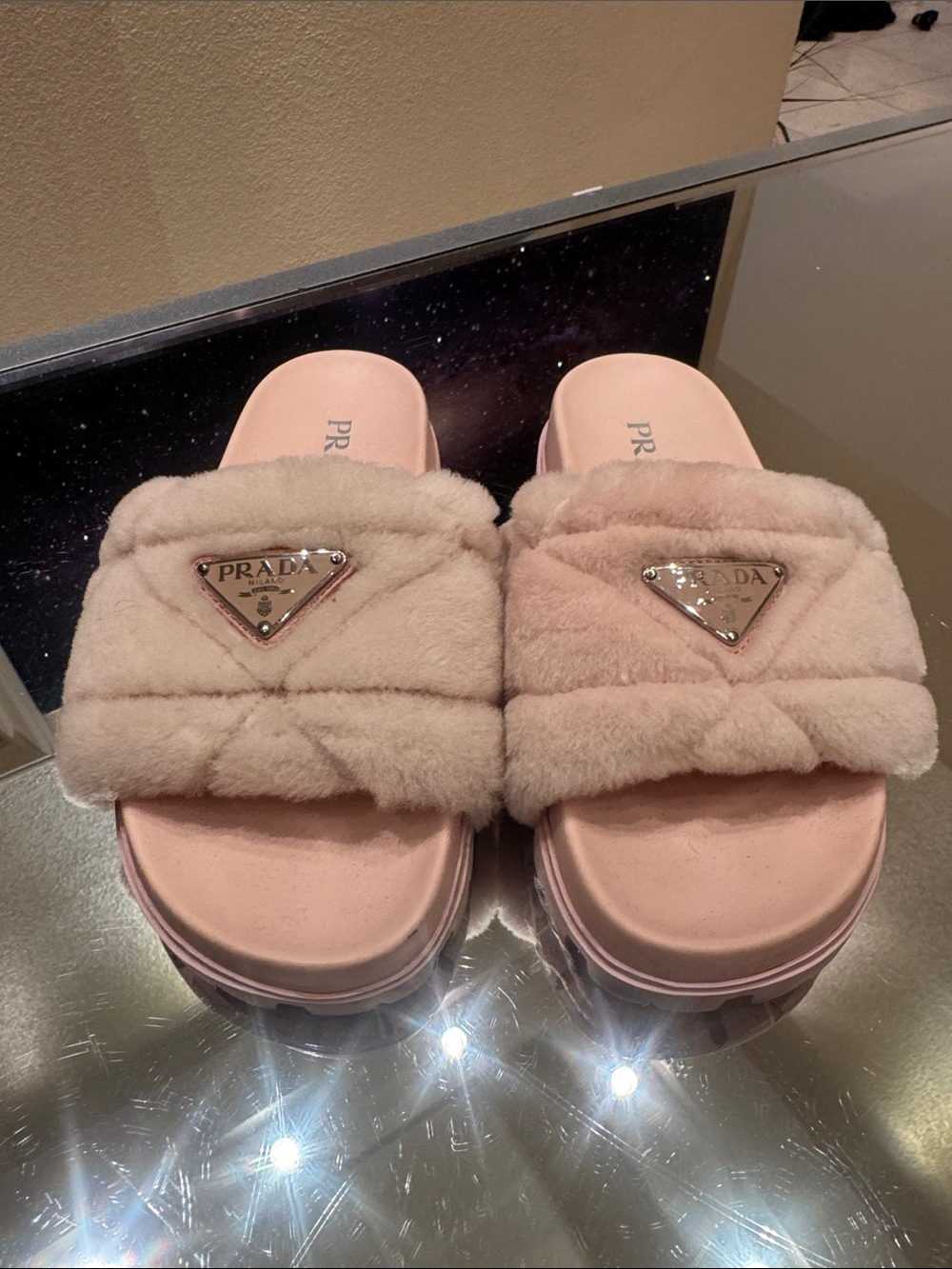 Prada Shearling Platform Slides Pink Logo Chunky Lug Sole